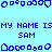Pixelated blue text on light blue background reads "MY NAME IS" repeated three times above "SAM" repeated three times, with blue pixel art borders.