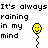 A 4x4 contact sheet of animated frames showing a yellow smiley face balloon with the text "It's always raining in my mind" repeated across multiple rows, where some instances of the word "mind" are highlighted in yellow.