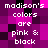 Pixelated text reads 'madison's colors are pink & black' on a of purple, pink, and black squares