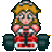 Pixel art of a blonde character in red racing attire driving a go-kart, shown from multiple angles with background color variations.