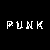 Pixelated white text on black background with gray square, displaying 'PUNK NOT' and 'DE & Q' in blocky font.