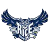 Pixelated blue and white icon with wing-like extensions on both sides, featuring a central vertical design resembling stylized text or symbols.