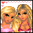Pixel art collage of two blonde women in pink and blue outfits with heart motifs, one with text reading "I LOVE MY SISTER" on pink background.