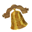 Golden bell with brown ribbon top in multiple poses on gray background, showing rotation and angle variations.