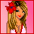 Pixel art of a woman with blonde hair and red flower headband, wearing white top with red straps, against pink background, with text "I shine like the gloss on my lips" in red and white lettering.
