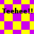 Yellow and purple checkered background with repeated "Teehee!!" text in black pixelated font across four distinct patterned sections.