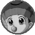 Two circular grayscale anime-style character portraits side-by-side, one with large eyes and a round nose, the other with short hair and an open mouth.