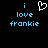 Pixelated text 'i love frankie' in light blue on black background with a white heart symbol above the word 'love'.