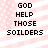 Pixelated text 'GOD HELP THOSE SOILDERS' on a pink and white striped background with small dots.