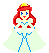 Pixel art of a red-haired character with blue eyes and a yellow crown, wearing a light green dress with blue accents, shown in two sequential poses.