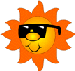 Animated sun-shaped icon with orange-yellow gradient rays, black sunglasses, and a smiling face on a gray background.