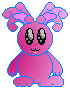 Pixelated pink bunny with blue outline, large gray eyes, and pink flower-like ears; left view shows open eyes, right view winks.
