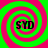 Four identical spiral patterns in bright green and pink with black text 'SYD' at the center of each, arranged in a on a solid background