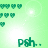 Green pixelated icon with heart clusters and 'psh..' text, animated background light effects on four