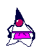 Pixelated character with dark blue pointed hat, red circular eye, white body, and pink belt in multiple poses including raised hands and bow-tied waist.