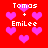 Red background with pink hearts and white text reading "Tomas + EmiLee" in four identical arrangements.