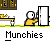 A 4x3 contact sheet of pixel art frames showing a yellow stick figure character interacting with kitchen elements and eating food, labeled "Munchies" under each frame.