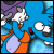 A 50x50 pixel animated contact sheet showing two frames of a cartoon character with blue skin, orange pants, and purple hair against a green background with "Original Icons .com" text.