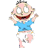 Animated cartoon character with pink skin, black spiky hair, blue shirt, white diaper; arms raised in two sequential poses.
