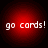 Red circular icon with white text 'go cards!' on a dark background, displayed in a