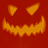 Three orange pumpkin faces with triangular eyes and jagged smiles on a red background, arranged in two
