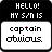 identical square icons with black borders, each displaying 'HELLO! MY 5th IS' in white text above 'captain obvious' in multicolored pixelated letters