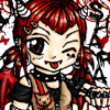 Chibi-style character with red hair, horns, and fangs winking while holding a blood-splattered heart.