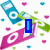 Pixelated icon with blue, green, and pink shapes resembling musical instruments on white background with small hearts.