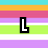 Pixelated text 'LOVE' arranged in a on horizontal striped background with cyan, orange, pink, purple, green, white stripes