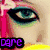 Pixelated image with four distinct sections: a close-up eye with green eyeshadow, two cartoon figures with hearts, a yellow smiley face on blue flowers, and purple text fragments.