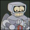 Static cartoon robot with large round eyes, square head, and wide toothy grin holding a red cylindrical object.