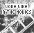 A black-and-white animated icon with repeating text 'LOVE LIKE IN THE MOVIES' over a diamond-patterned background, showing pixelated variations in the text and pattern across frames.
