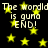 Pixelated yellow stars float on black background with repeated text "The world is guna END!" in white blocky font.