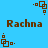 Brown pixelated text 'Rachna' on bright blue background with brown square-dot patterns in corners and center.