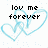 Pixelated icon with black text 'lov me forever' over two overlapping light blue hearts on white background with scattered light blue dots.