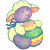 Pixelated cartoon character with purple body, pink ears, and yellow hat holding a colorful striped egg on white background.