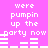 A bright pink background displays repeated white pixelated text reading 'were pumpin up the party now' with horizontal bar graphs beneath each phrase, showing varying bar heights.