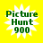 Four identical pixelated icons on a bright yellow background, each featuring a white starburst shape with green text reading "Picture Hunt 900" in three lines.