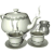 Animated sequence of a teapot set with cups and saucers, showing subtle motion in the steam rising from the spout.