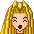 Pixel art of a blonde character with long hair in six distinct facial expressions across two