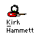 Pixel art icon of a figure with black hair holding a red electric guitar, white face with green mouth, gray background, text below reads Kirk Hammett.