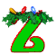 Green stylized letter Z with red outline, topped by holly leaves and three colored lights (yellow, red, blue), displayed in a of six identical static images