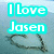 Pixelated cyan text reads "I Love Josen" over a blurred blue-gray background with a dark curved shape below.