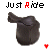 Four identical saddle-shaped icons arranged in a , each with 'Just Ride' text above and colored heart symbols below