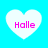 Four white heart shapes on a cyan background, each containing the text 'Halle' in pink pixelated font.