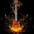 A pixelated electric guitar with a red-orange body and silver neck, surrounded by scattered brown and yellow pixels against black background.