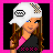 Pixel art contact sheet showing six frames of an animated AIM buddy icon featuring a cartoon girl in various poses with pink and black clothing, blue jeans, and text elements.