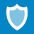 A pixelated shield icon with a light blue center and white border on a solid blue background.