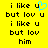 Yellow background with black pixelated text reading "i like u but lov u i like u but lov him" and a blue heart symbol replacing the 'u' in the first line.