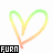Three of a rainbow-colored line drawing forming and deforming into heart shapes with 'FURN' text blocks below each frame